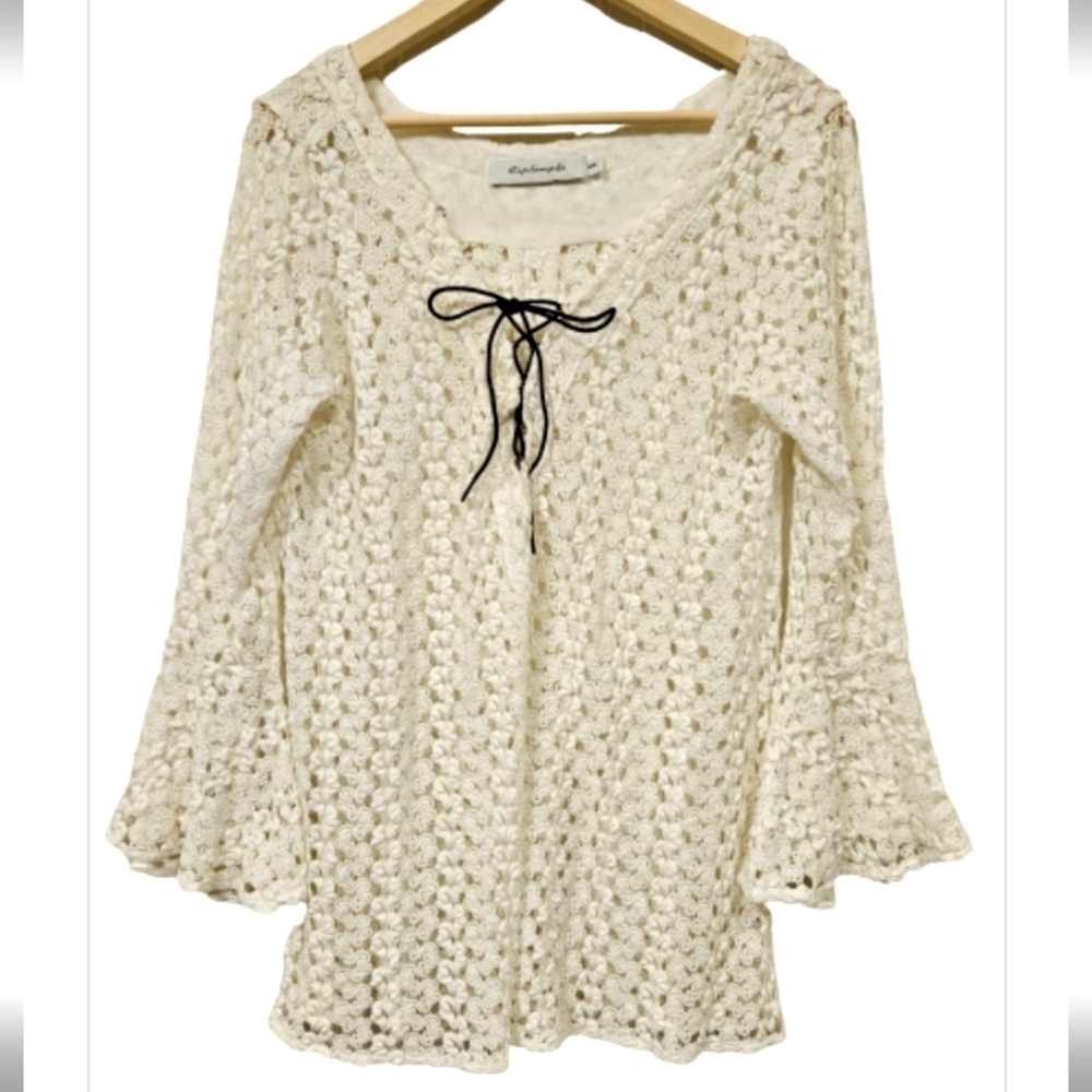 T Bags Los Angeles Crochet Lace Up Top blouse Swim cover up White Glitter size M